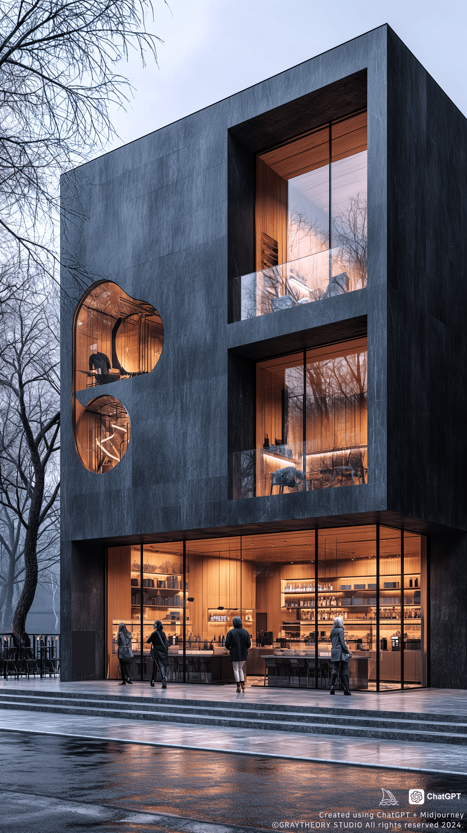 AI generated: photorealistic, canon EOS 5d, minimalistic medium scale office building, curved brick, geometric sha...
