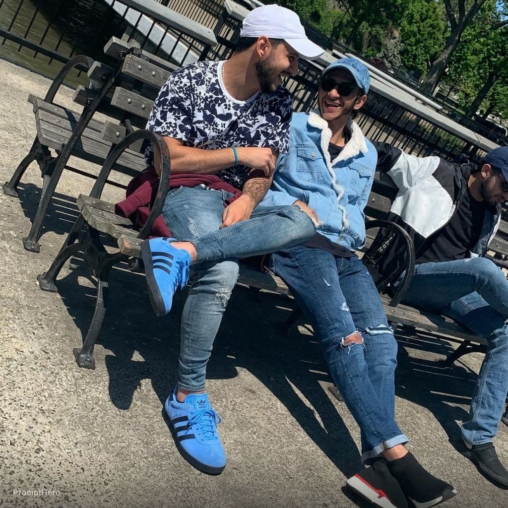AI generated: The person who is on the left side change his shoes to be the uploaded shoes 
