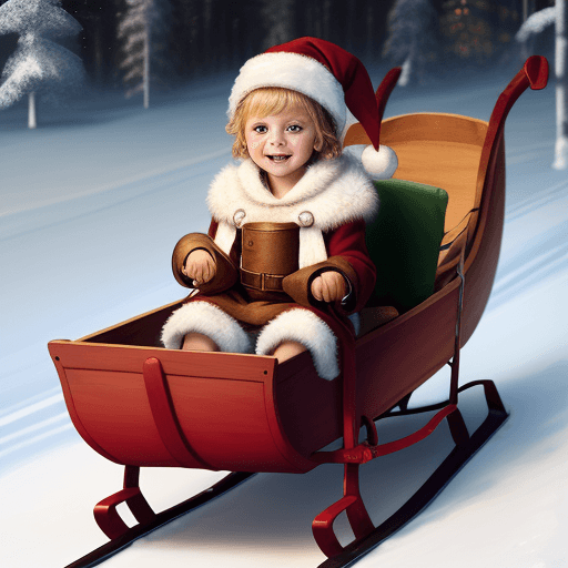 AI generated: A child sitting in a big sleigh pulled with gifts