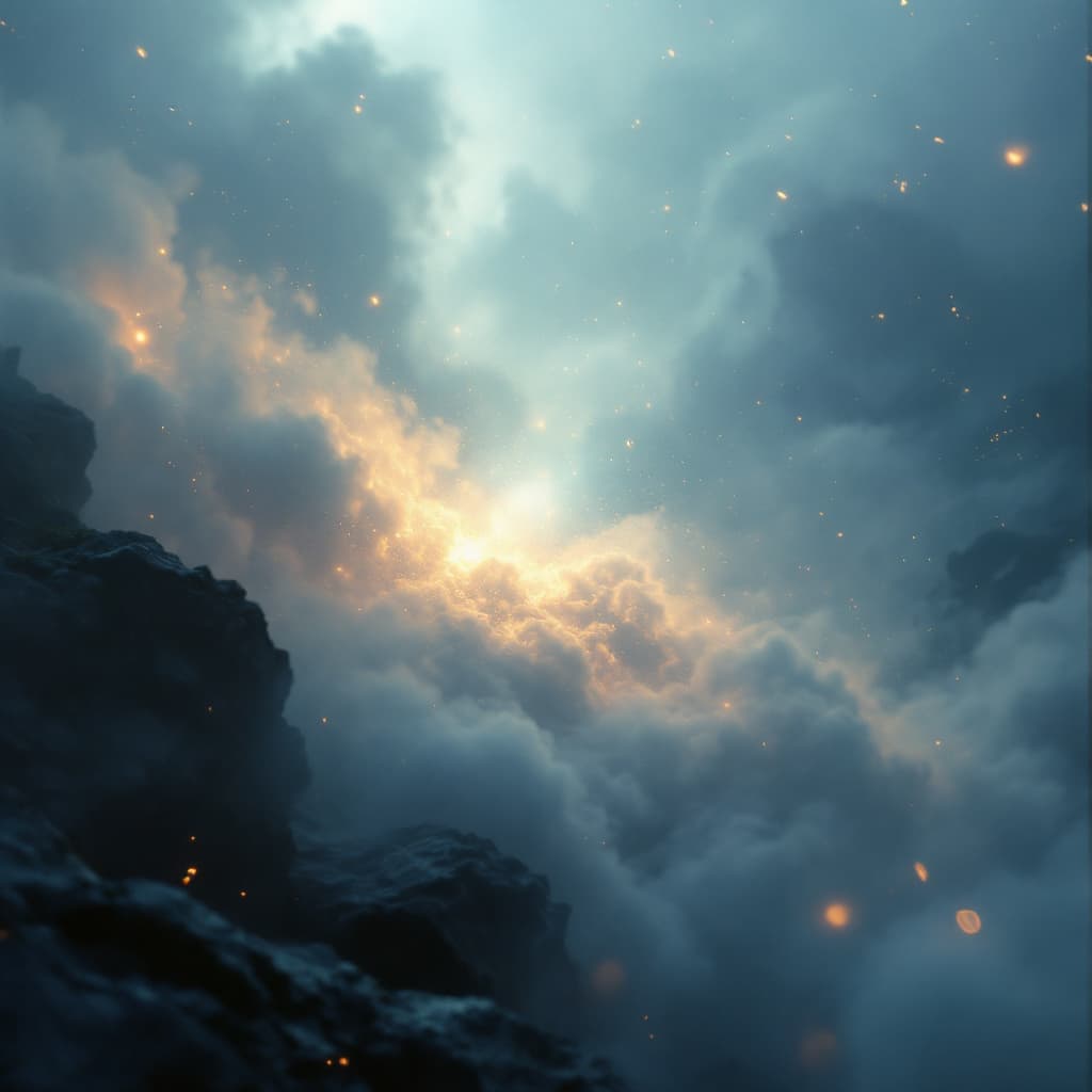 AI generated: A fine art, hyper-realistic, cinematic image of heaven in the distance illuminated while the rest fa...