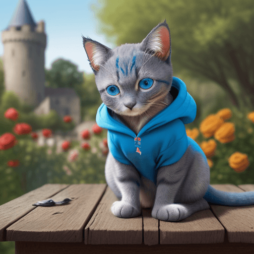 AI generated: artistic photography, blue eyes, gray cute little cushi cat, full of colors, sitting on a old wood t...