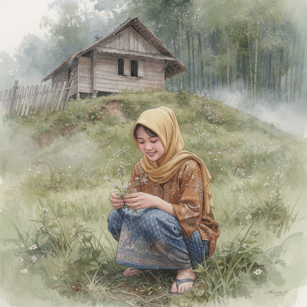 AI generated: Impressionist oil painting of an old, rustic, traditional Malaysian wooden house with a thatched roo...