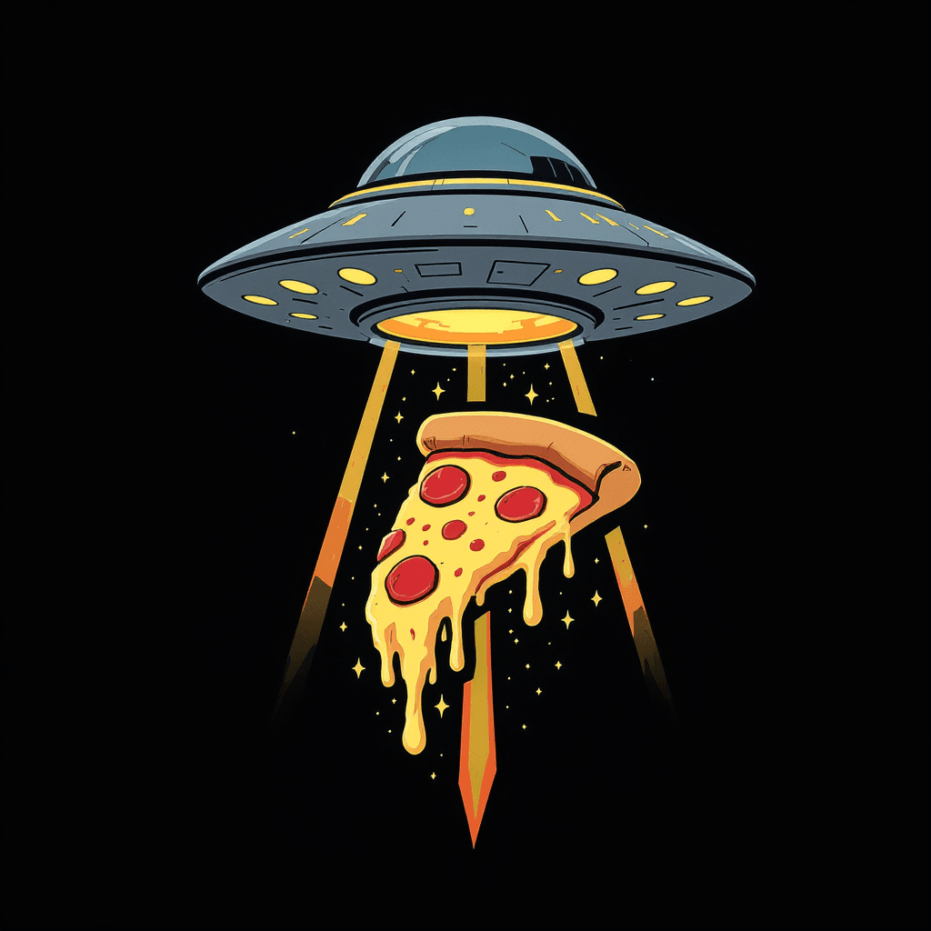 AI generated: Pizza being beamed up by a UFO flat cartoon style that would be suitable for a logo
