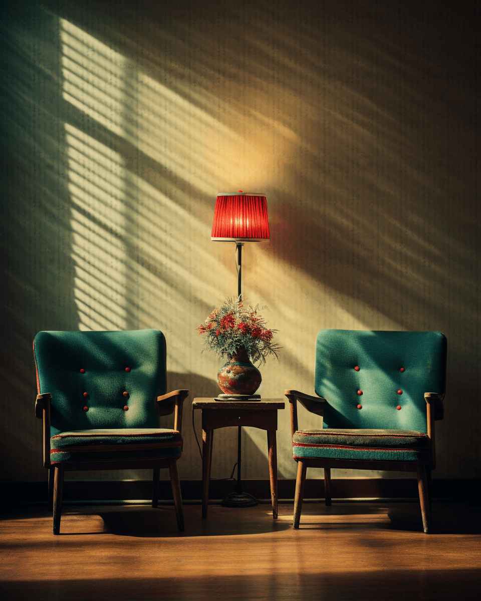 AI generated: the two chairs in the living room, in the style of art frahm, emotive body language, candid portrait...