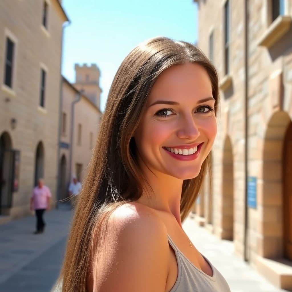 AI generated: A woman with long, straight brown hair stands outdoors in a sunlit historic setting, smiling warmly ...