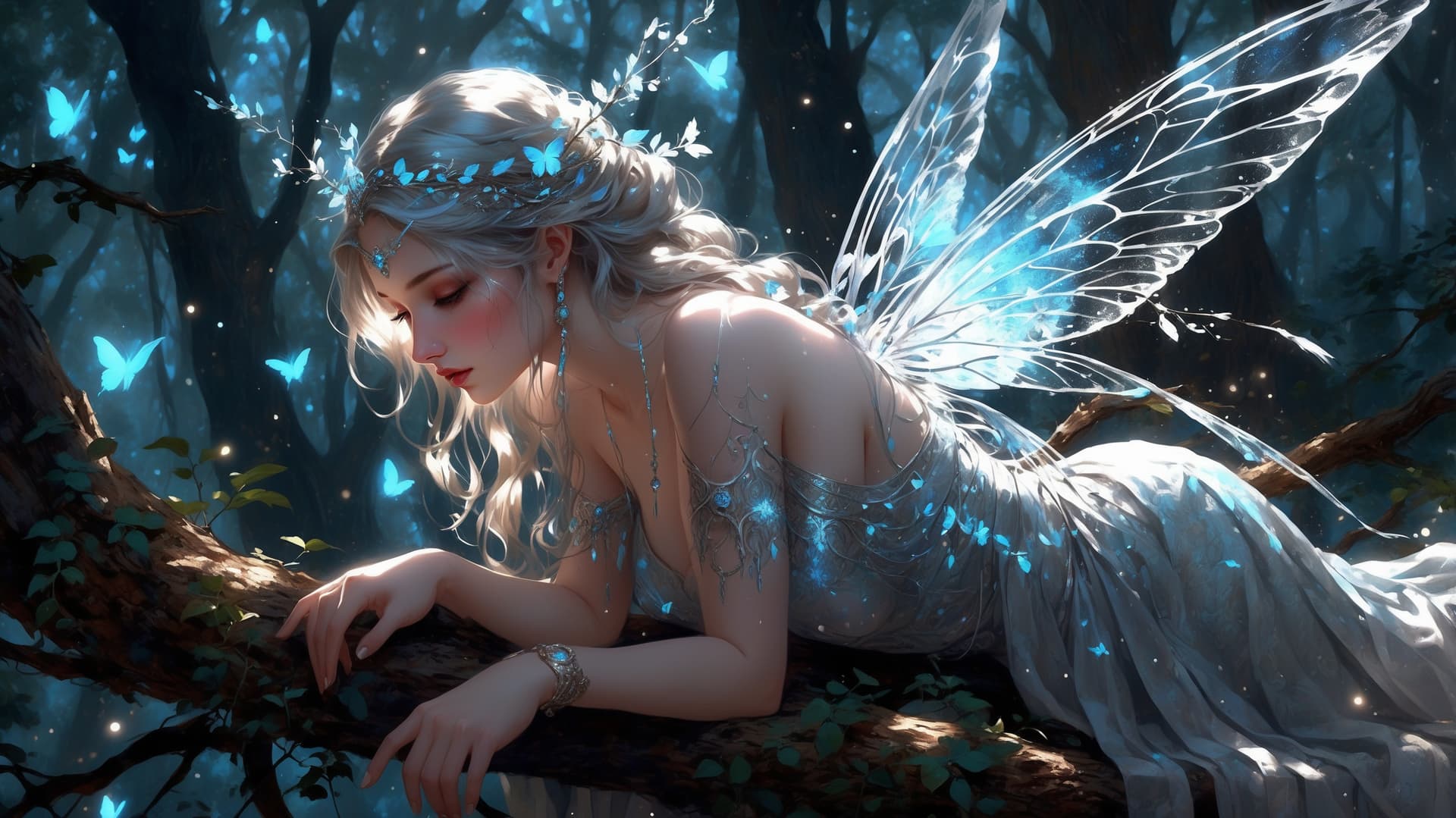 AI generated: In a misty, moonlit forest, a Beautiful elysian nymph emerges from the shadows, her ethereal beauty ...