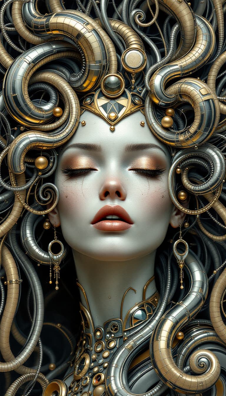 AI generated: Baroque Style, dreamlike hyperdetailed grunge art fantasy illustration featuring an art deco female ...