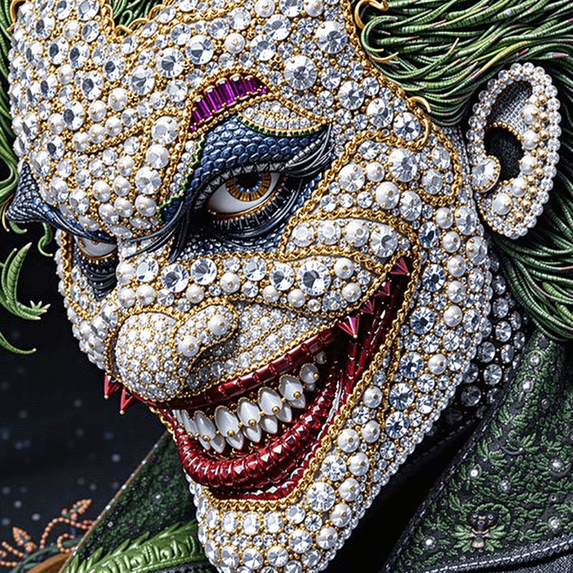 AI generated: A stunningly detailed portrait of the Joker, crafted entirely from precious diamonds, pearls, gemsto...