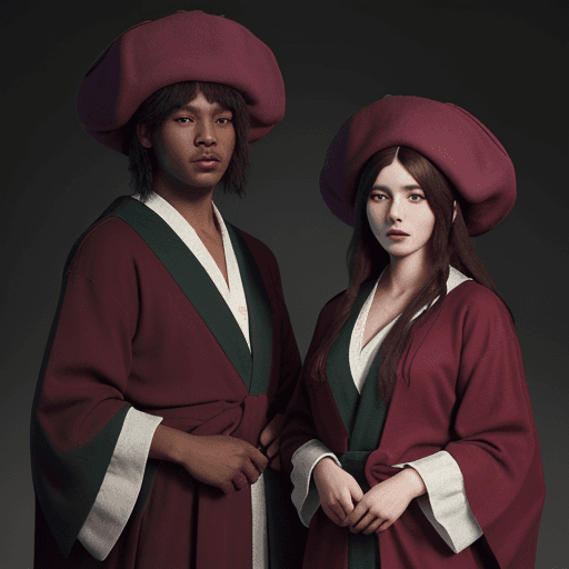AI generated: a picture of two people, wearing cloth hats and robes, in the style of realistic animal portraits, u...