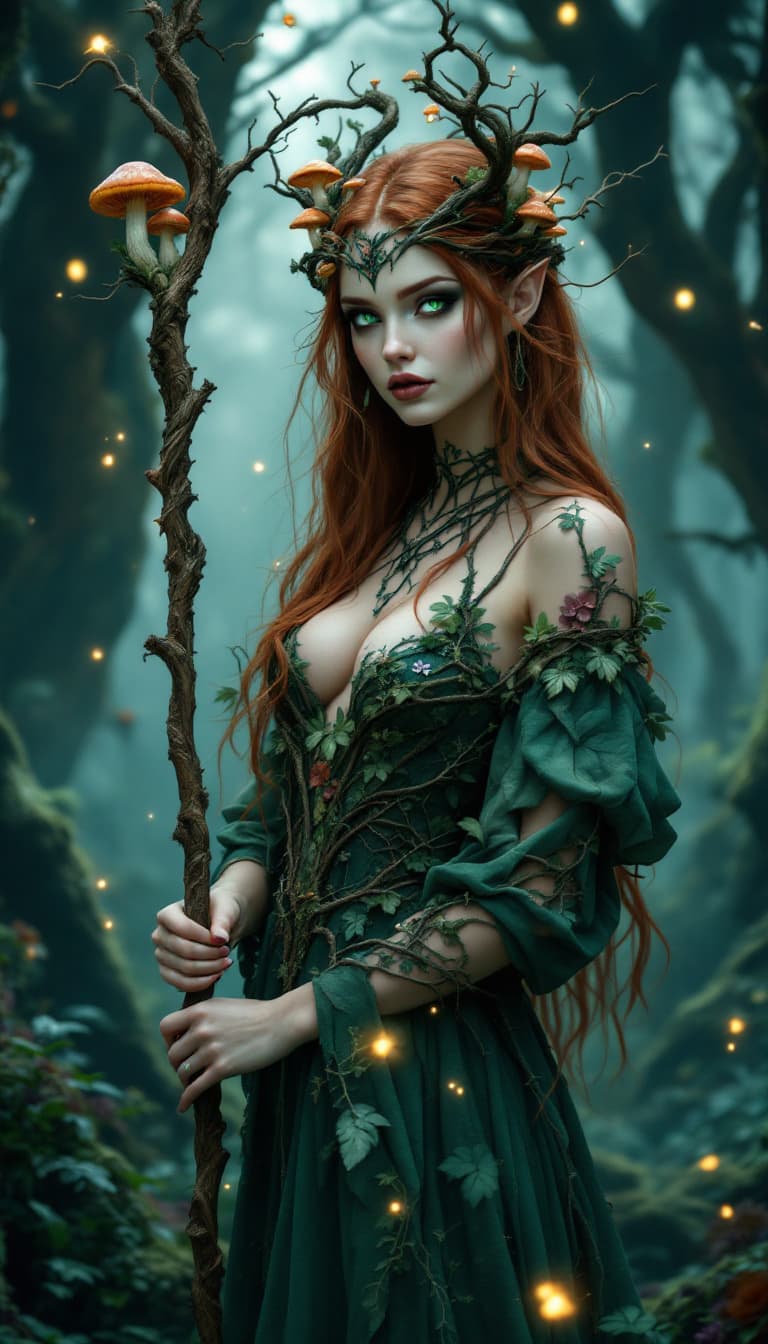 AI generated: An ultra-realistic, full-body static image of a forest dryad woman, radiating an alluring but danger...