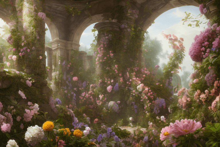 AI generated: mdjrny-v4 style, garden bursting with flowers, ancient ruins, art by Paulina Góra and Rachel Ruysch