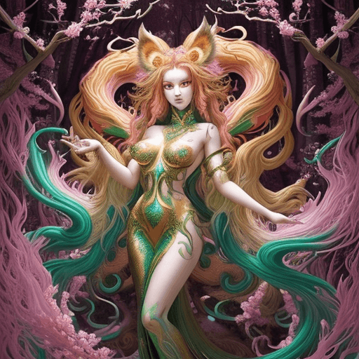 AI generated: In this hyper-maximalist masterpiece, a breathtaking image of the ultimate nine-tailed fox girl unfo...
