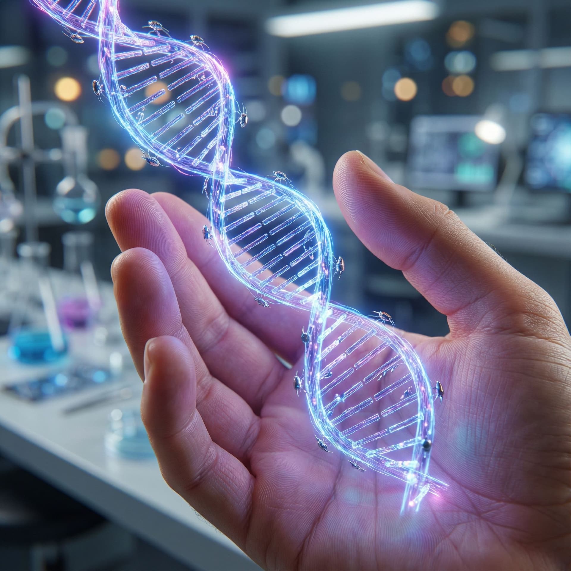 AI generated: Photorealistic macro shot of a human hand holding a glowing DNA double helix made of light and nanot...