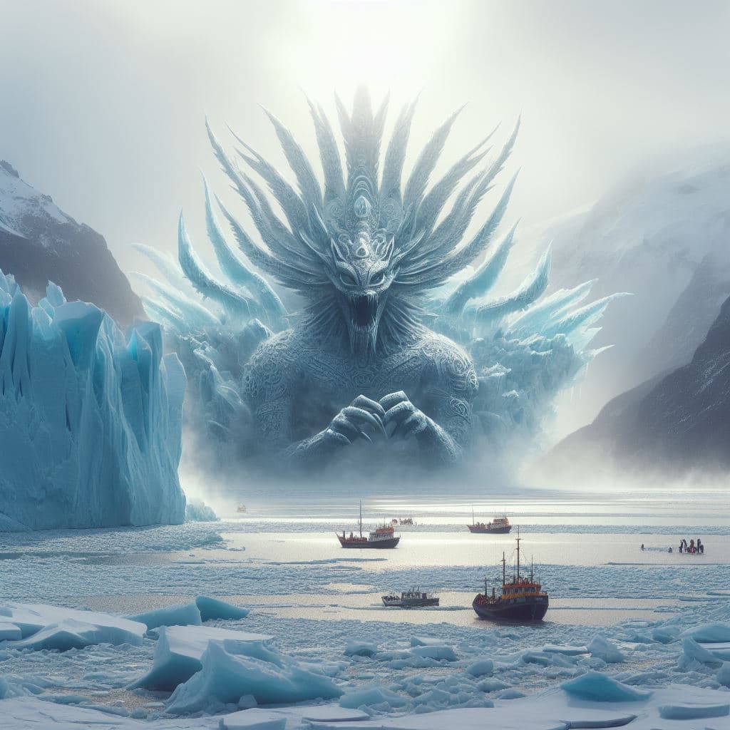 AI generated: In the icefields of the patagonia, Quetzalcoatl emerges from the ice sheets. Creating an amazing bli...