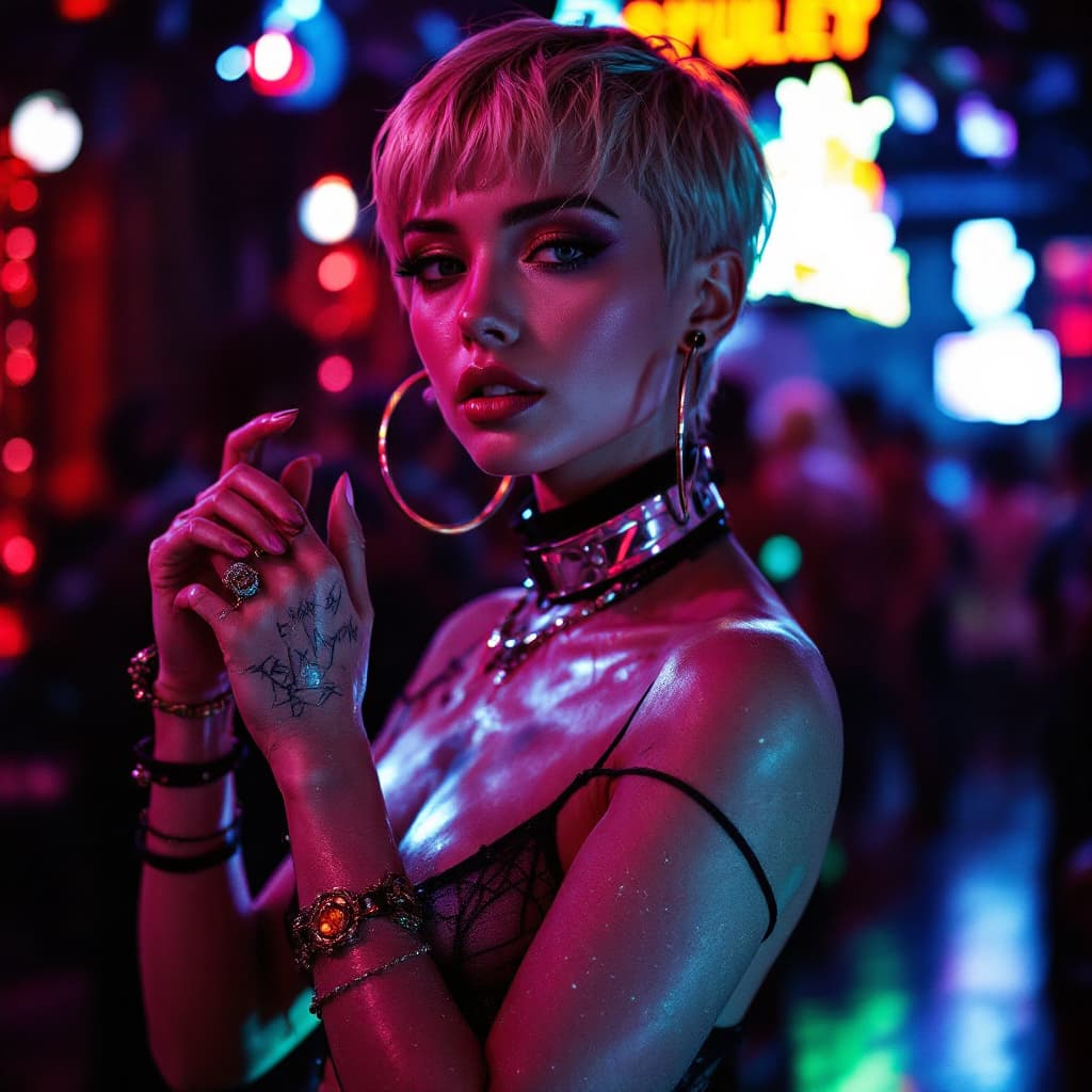 AI generated: cyberpunk photo of a female adul entertairnment dancer, short blonde pixie hair,  inside a night clu...