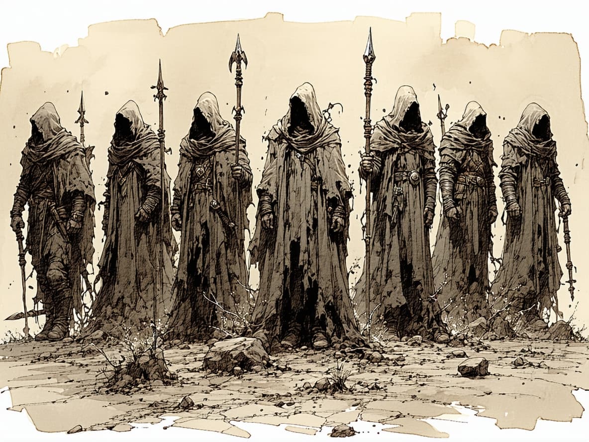 AI generated: Seven Deadly forrce, Ink illustration with monochromatic sepia tones, comic book style, likely moder...