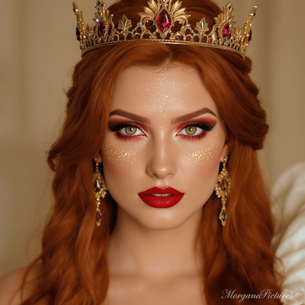 AI generated: A stunning close-up portrait of a regal woman with long, braided bright red hair and luminous green-...