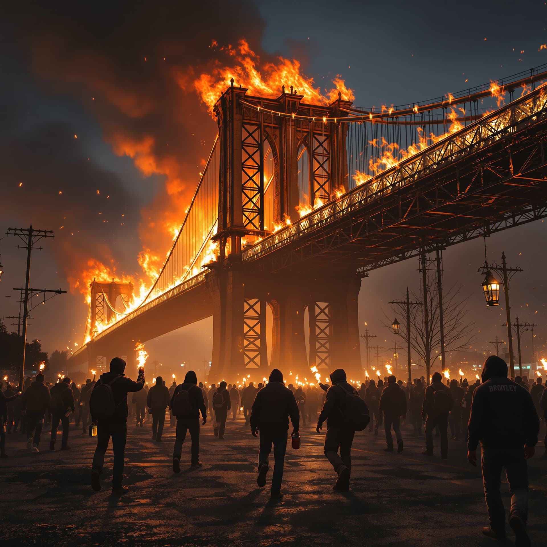 AI generated: The realistic brooklyn bridge is set on fire and burning, in the distance on the ground you can see ...