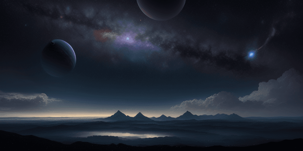 AI generated: cosmic day sky filled with planets, clouds, constellations and a supernova. Tranquil peaceful landsc...