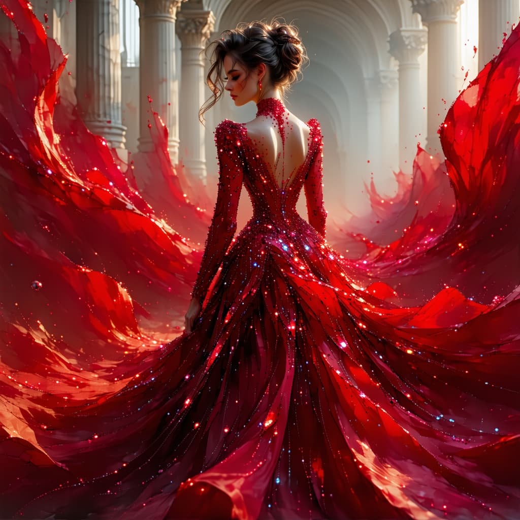 AI generated: magnifique femme en robe rouge faite de rubis et de diamants étincelants avec des détails complexes,...