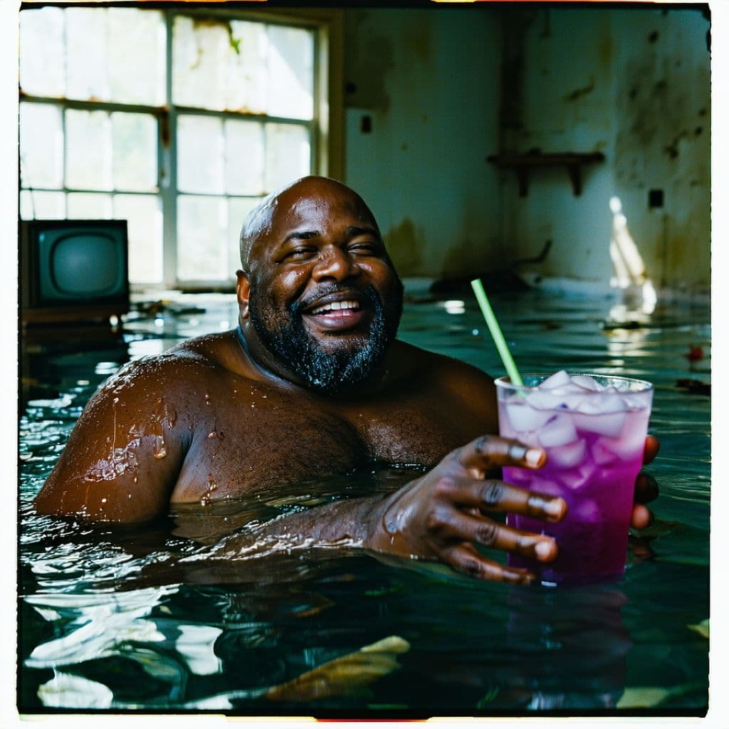 AI generated: grainy 80's photograph quality polaroid of big fat bald elated black man floating with a purple drin...