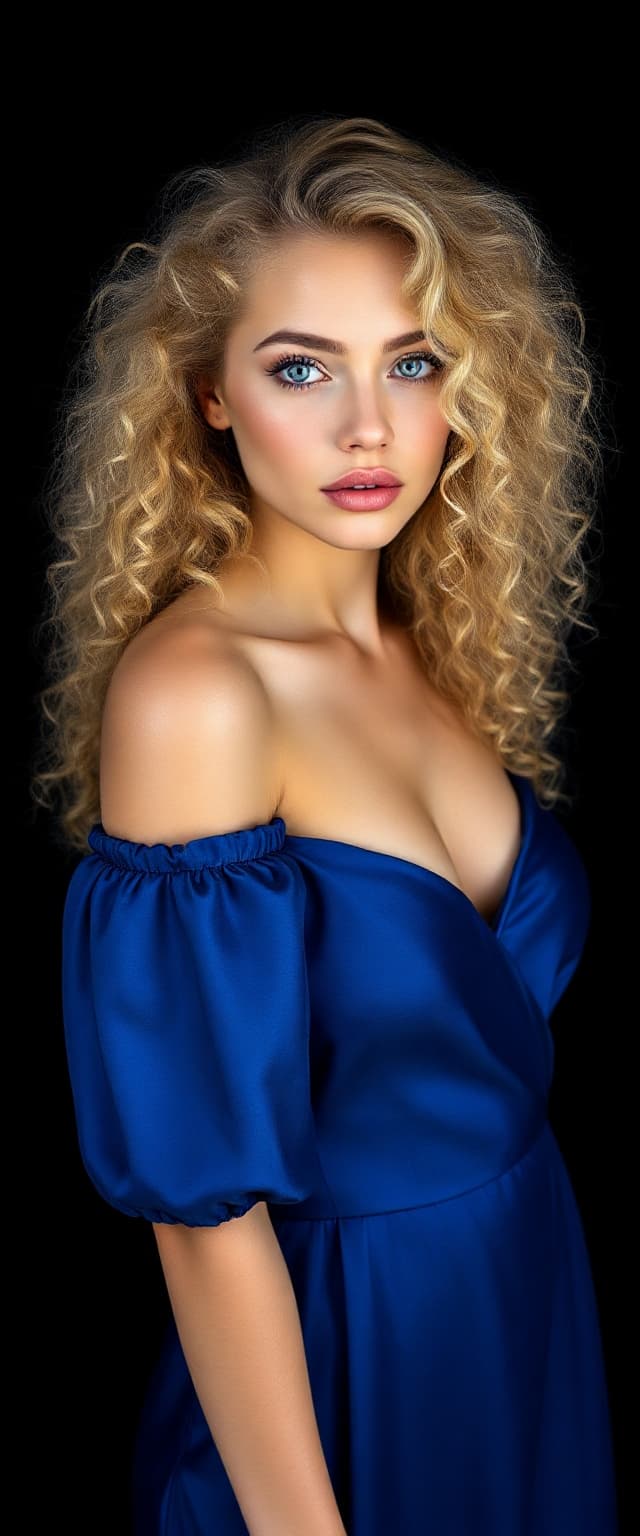 AI generated: "Fine art photography full body portrait. Supermodel, early 20s, fair skin, large blue-green-silver ...