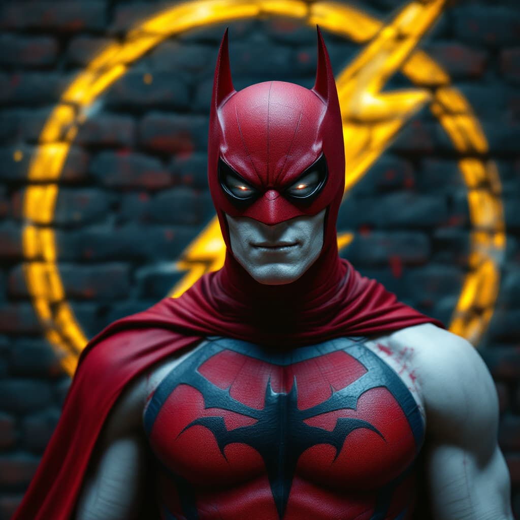 AI generated: hyper real we are seeing a white skin vampire man like superhero, in a red and blue sleeveless super...