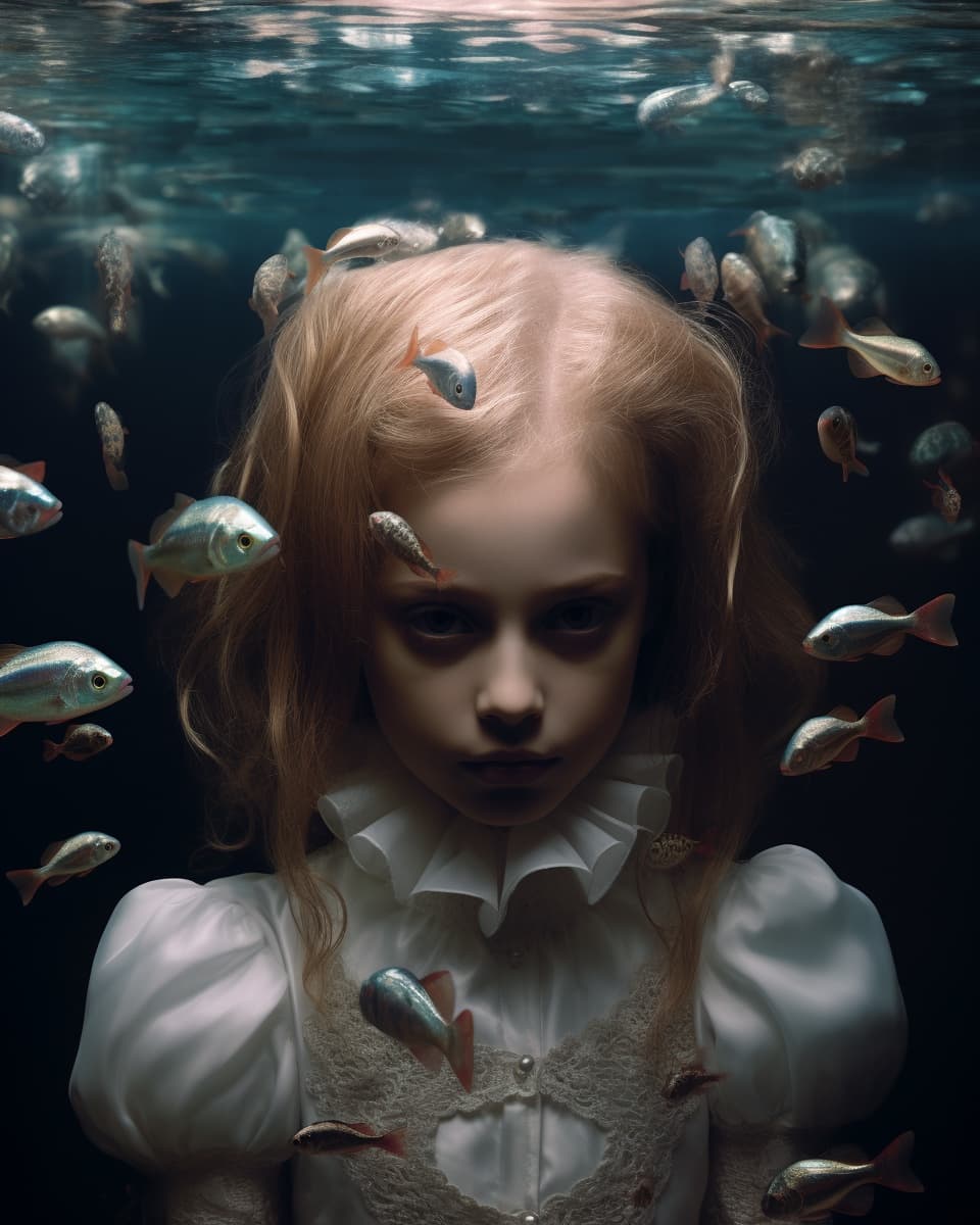 AI generated: the cover page for magazine, intricate underwater worlds, uncanny valley realism, gothic horror, aqu...