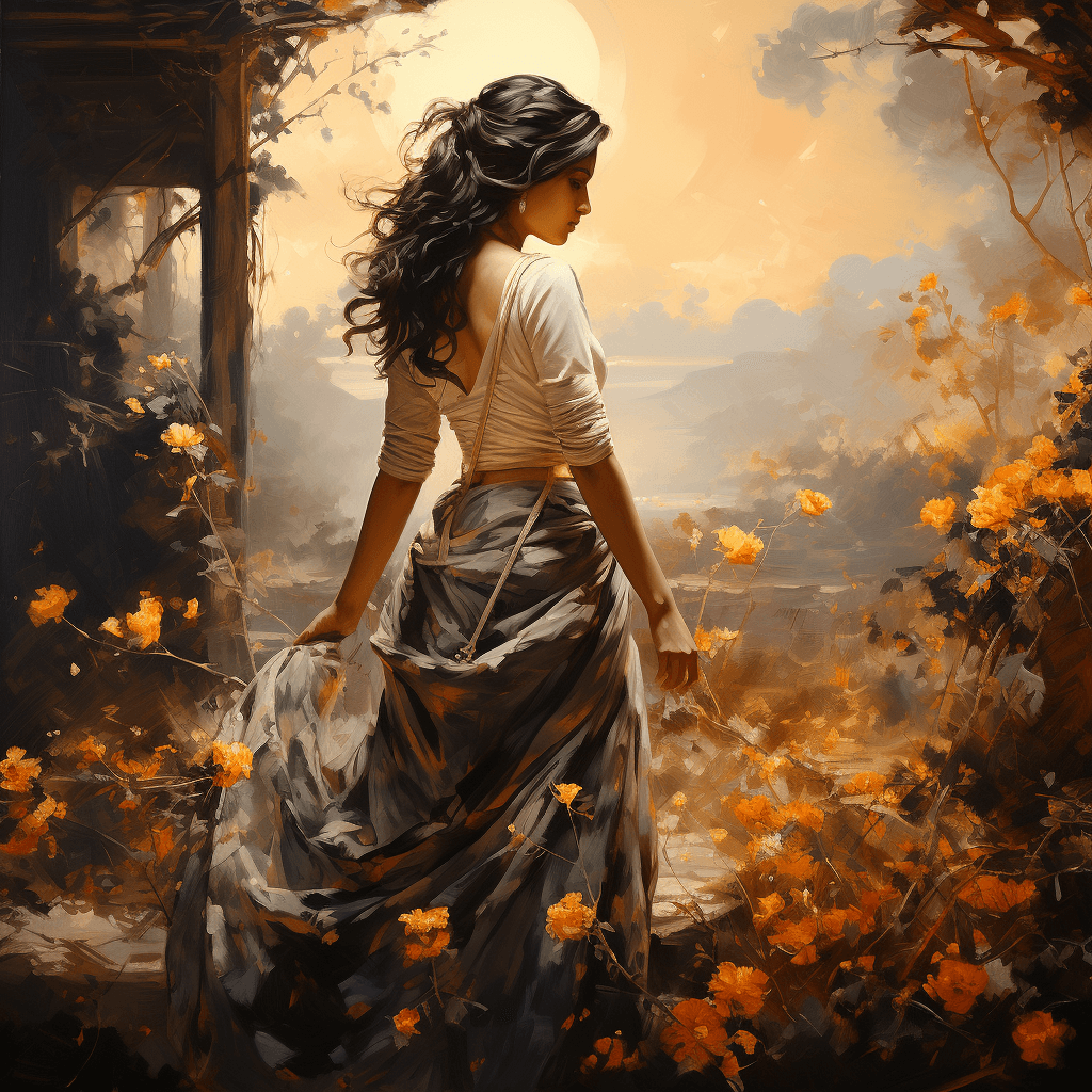 AI generated: An opulent depiction of a beautiful Indian woman in an elegant saree, surrounded by a lush garden fi...