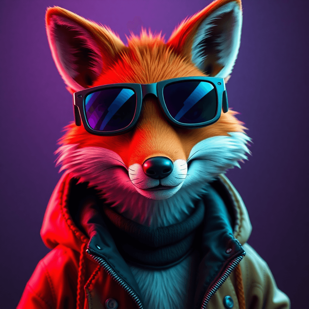 AI generated: portrait of a cartoon fox wearing sunglasses, in the style of vray tracing, neonpunk, photo-realisti...