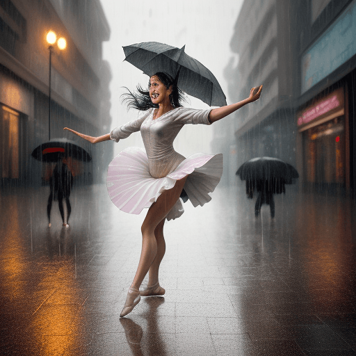 AI generated: Woman dancing in the rain, facial expression of the dancer reflecting joy, city street during rainfa...