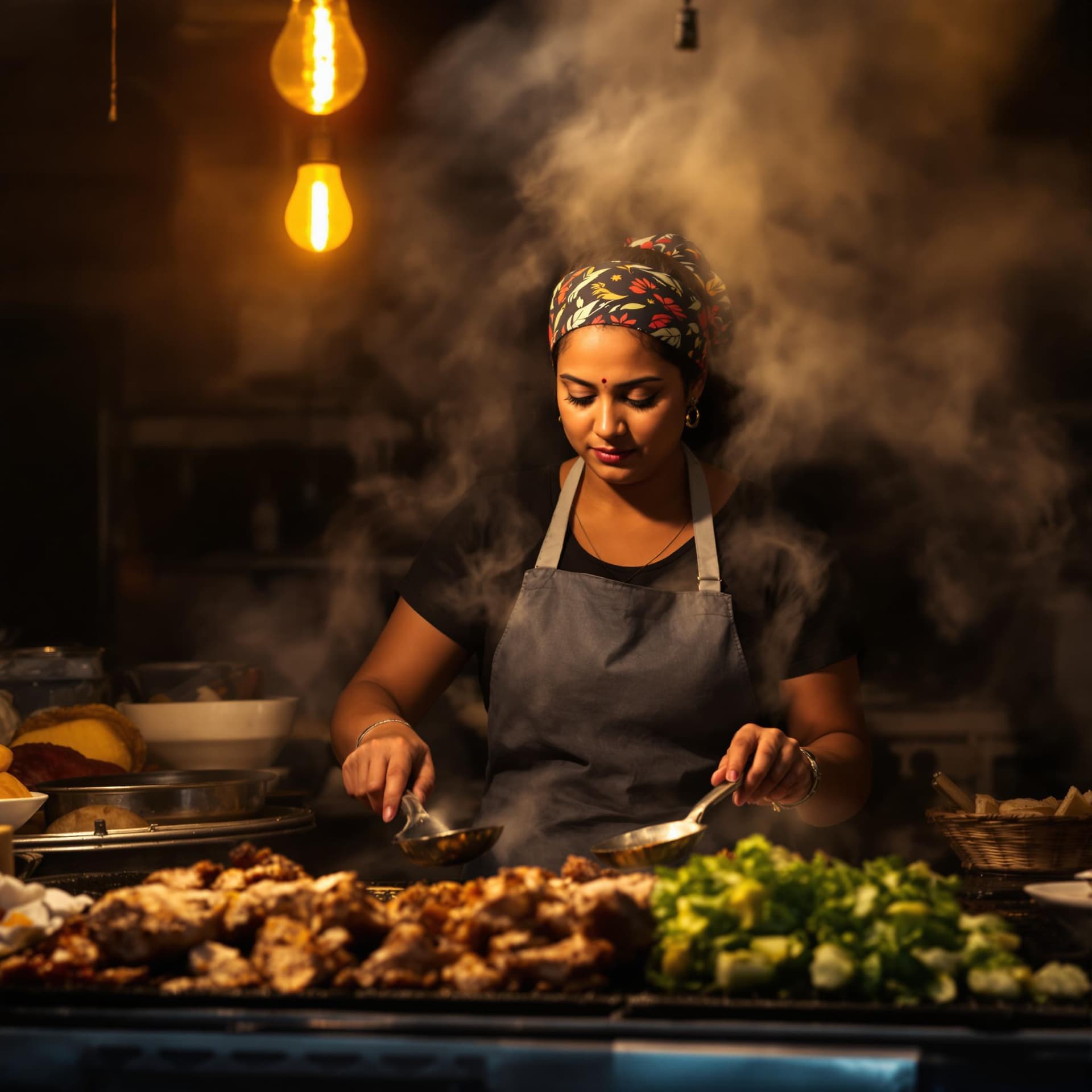 AI generated: This image depicts an Indian woman focused on grilling food at what appears to be a street food stal...