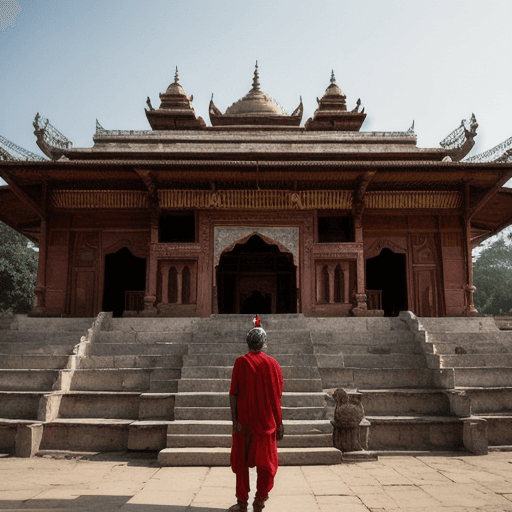 AI generated: a tantrik standing in front of an indian temple  looking at the camera, hyper detailed, movie still,...