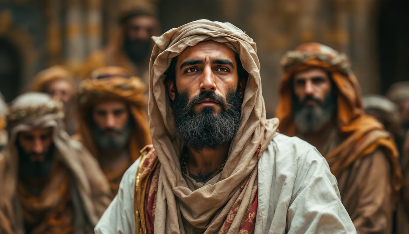 AI generated: an arabic man with a beard standing againist anti christ and each one of them has people that suppor...