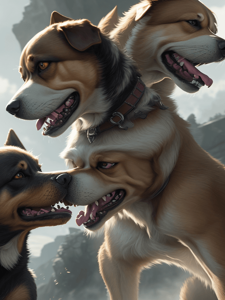 AI generated: Photo of a ultra realistic two dogs fighting, dramatic light, cinematic lighting, battered, low angl...