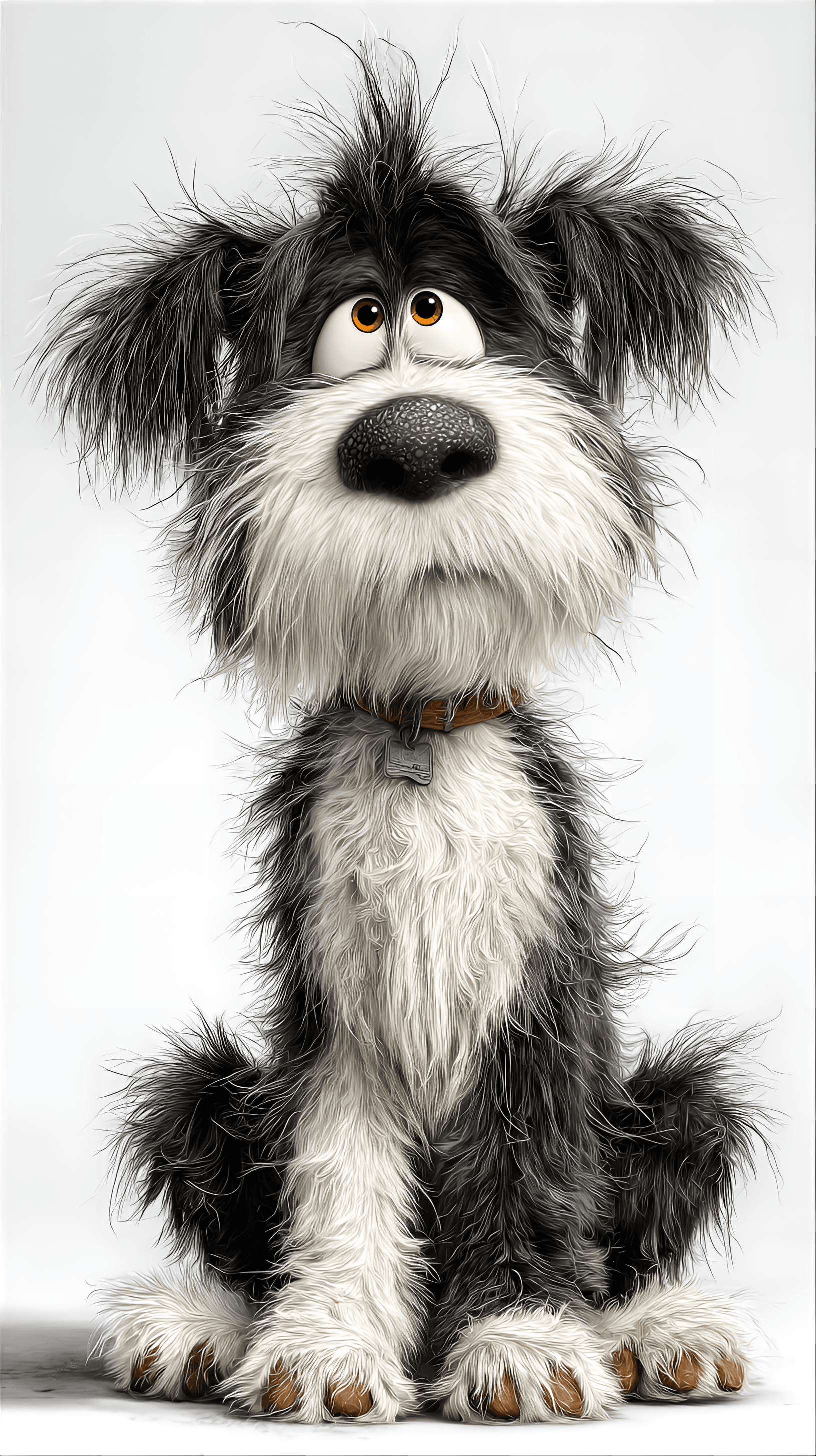 AI generated: Black and white dog, sitting, shaggy fur, cartoon style, expressive, whimsical,  medium shot,  detai...