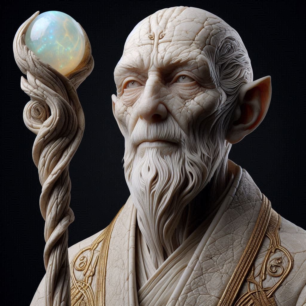 AI generated: A hyper-realistic 3D character of an ancient sage, his body sculpted from smooth, polished ivory, wi...