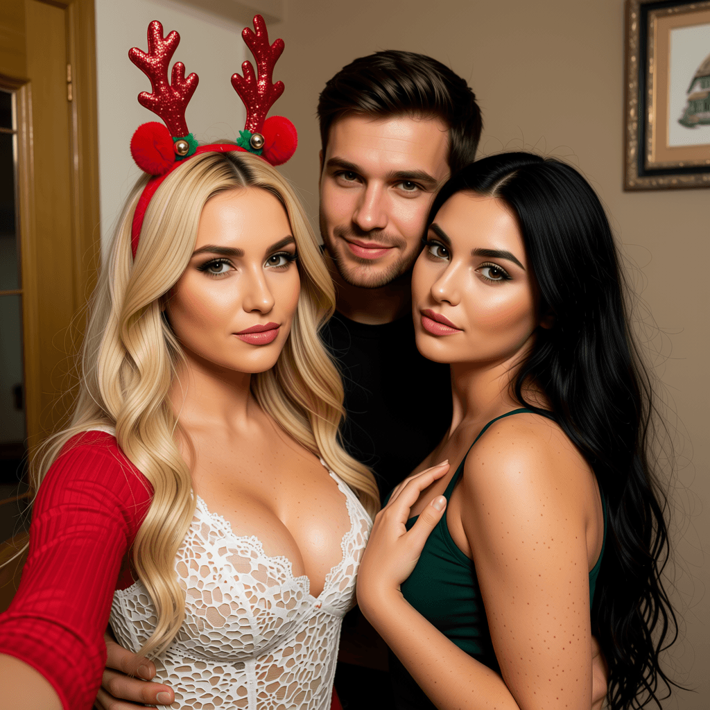 AI generated: realistic, iPhone selfie sex POV, 18-year-old, long blond hair, long black hair, 2girls,1guy lesbian...