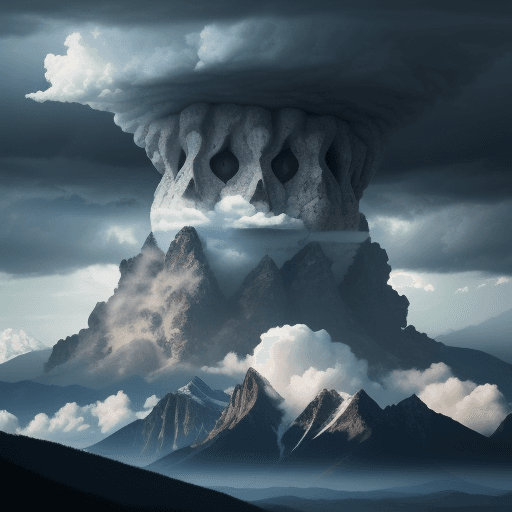 AI generated: head formed of thunder clouds above mountains