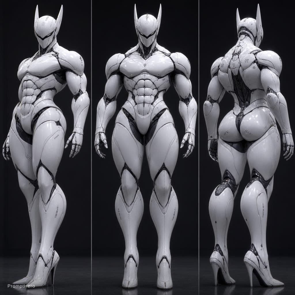 AI generated: The character has a highly stylized android-like appearance that blends masculine strength with eleg...