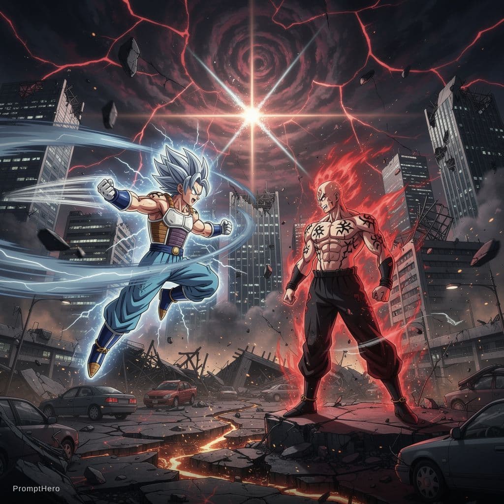 AI generated: Epic anime battle between a powerful Saiyan warrior inspired by Goku and a cursed demon king inspire...