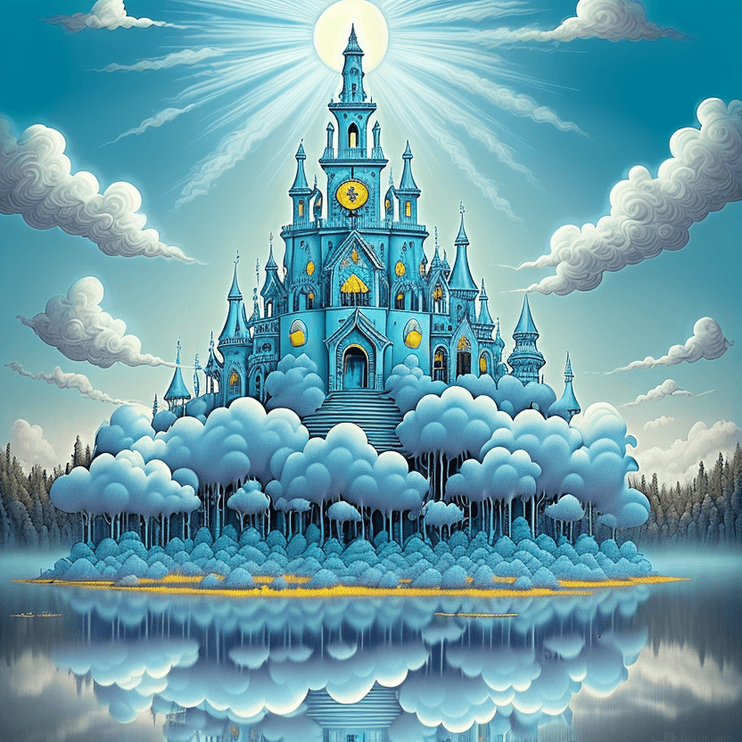 AI generated: High gothic tim Burton style baby powder light blue sky with puffy white clouds large yellow sun ult...