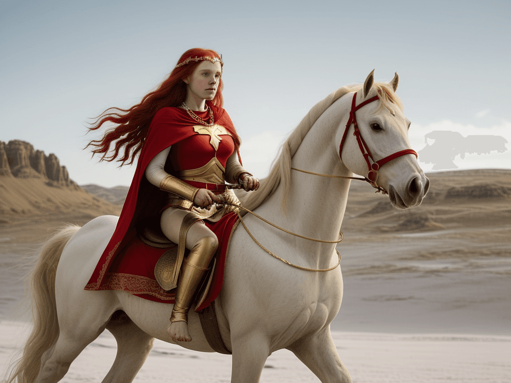 AI generated: a woman in a red cape riding a white horse through a desolate landscape. The woman has long red hair...