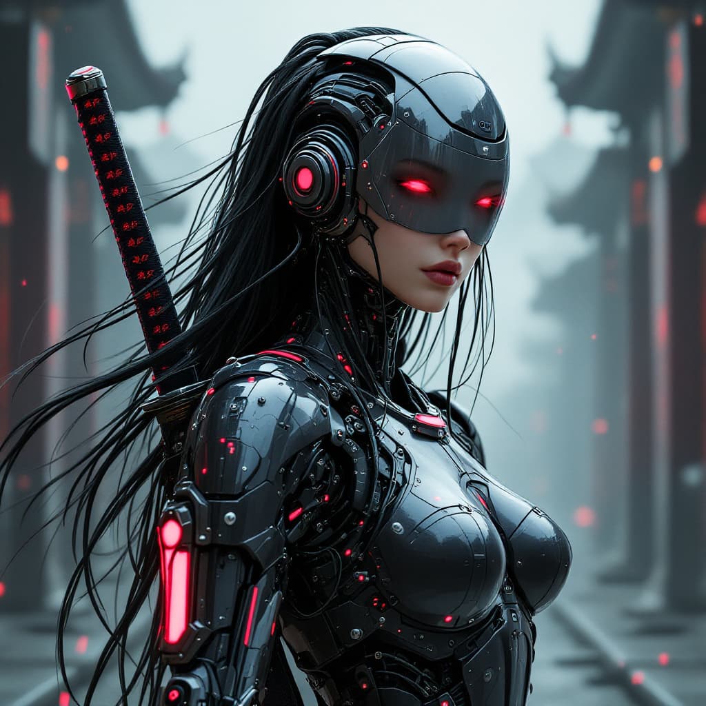 AI generated: in the style of ck-sfc, female cyberpunk robot samurai, robot face with mirrored face shield, hyperd...
