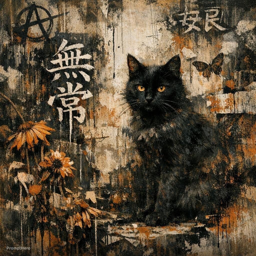 AI generated: black cat,softly,black and orange color tones,wabi-sabi art,abstract ,punk collage ,urbanpunk,flower...