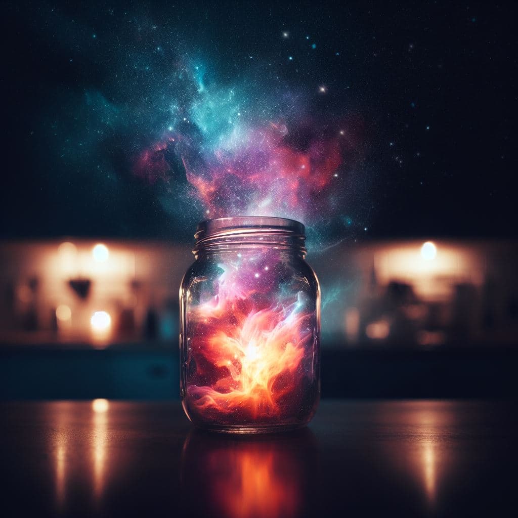 AI generated: nebula in a mason jar sitting on a kitchen counter at night with light ambient lighting in the back ...