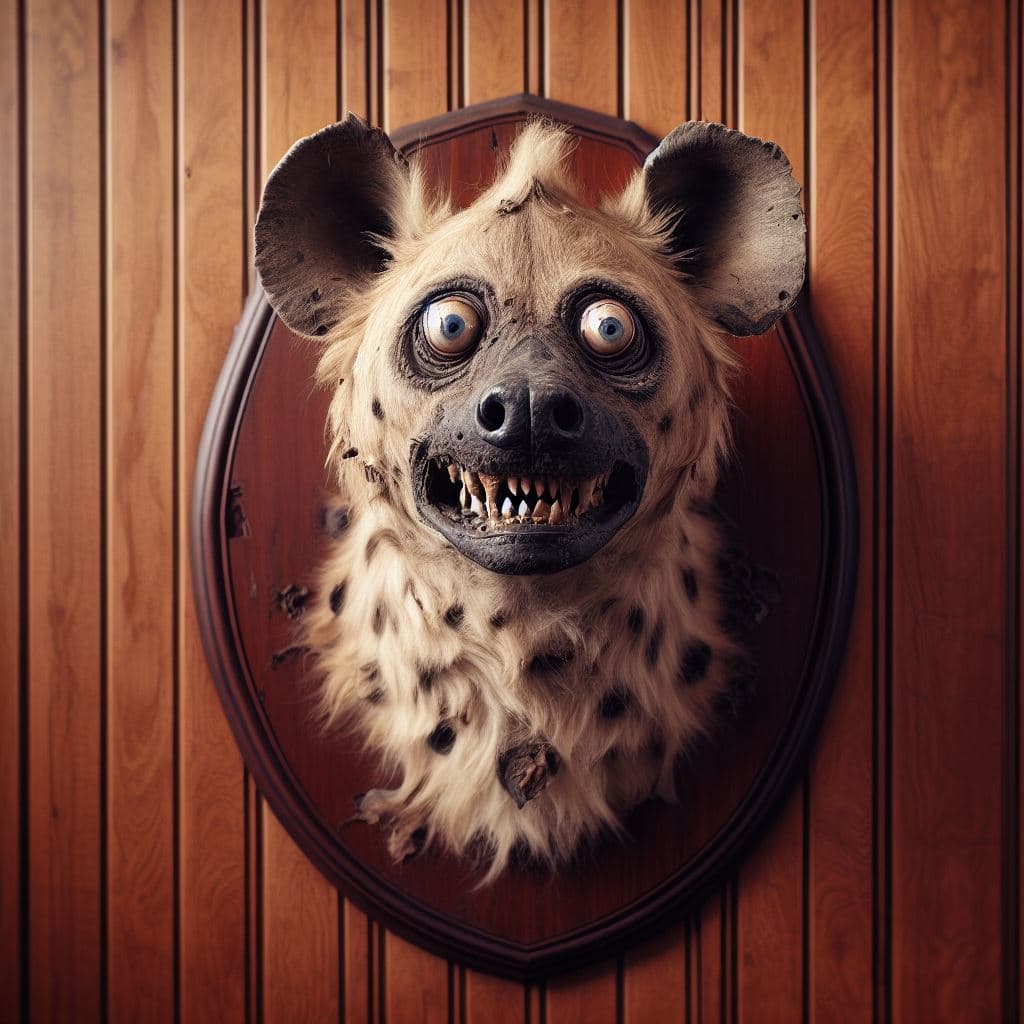 AI generated: detailed and intricate photograph of a bad taxidermy moth eaten lion hyena head with eyes bulging ou...