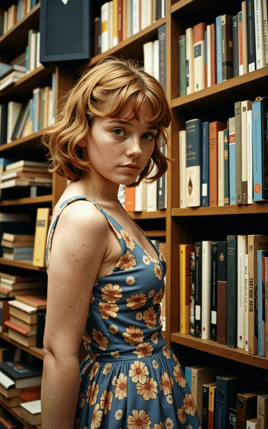 AI generated: A natural, candid photograph captures a soft-bodied young woman with shoulder-length auburn curls st...