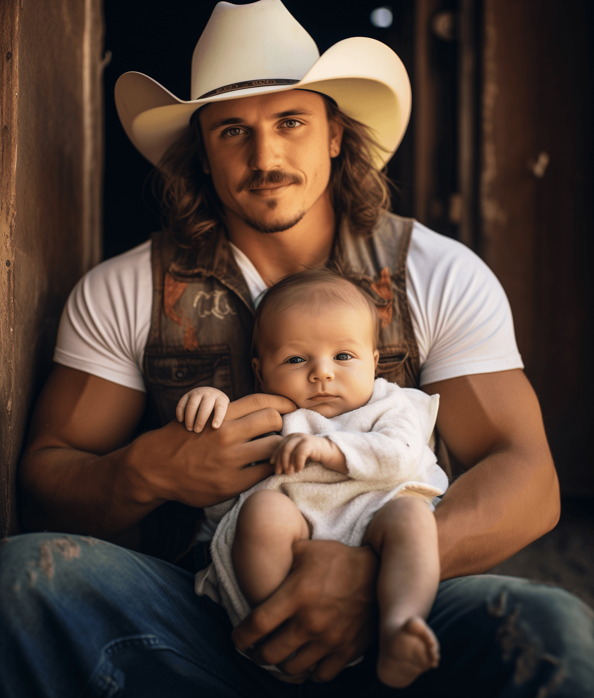 AI generated: A handsome, muscular man with long hair and mustache, wearing a white tank top, sits on the ground i...