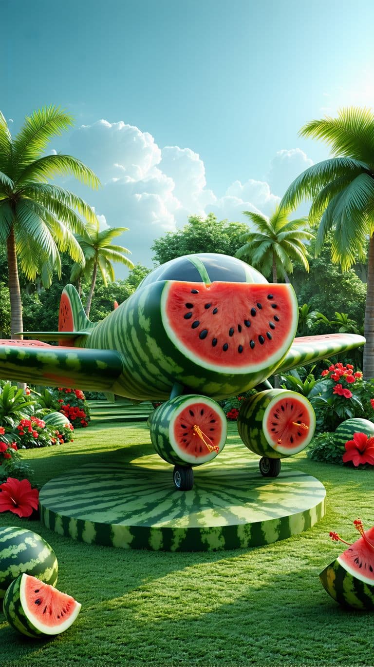 AI generated: Create a highly detailed, whimsical 3D digital rendering of an airplane sculpture made entirely from...